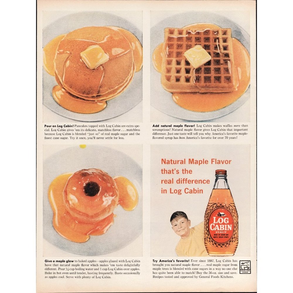 1959 Log Cabin Syrup Pancakes Waffles Donut Vintage Print Ad Wall Art Decor 50s